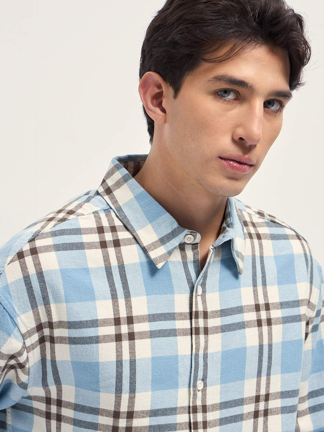 Blue Tartan Check Cotton Relaxed Fit Overshirt