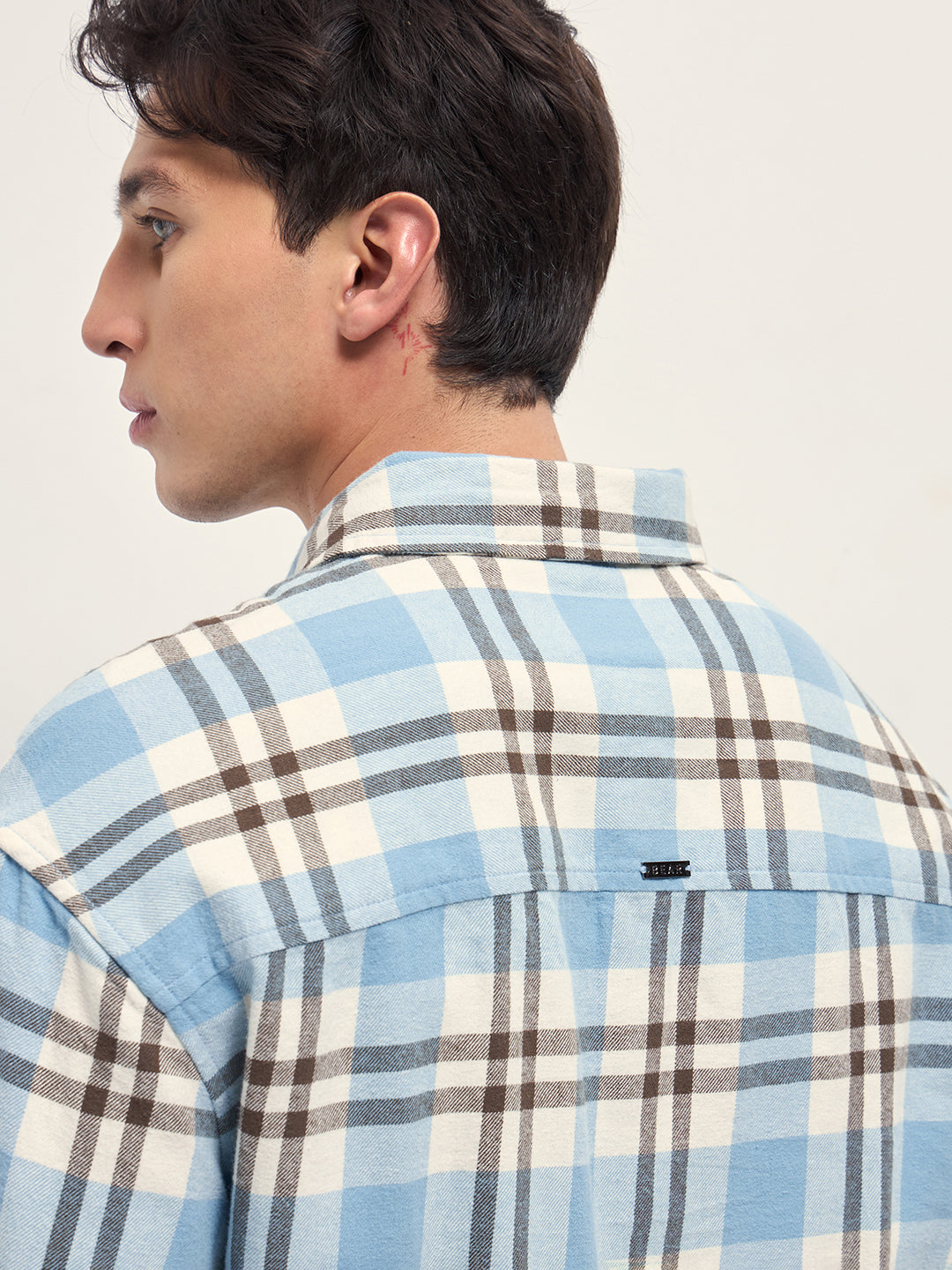 Blue Tartan Check Cotton Relaxed Fit Overshirt