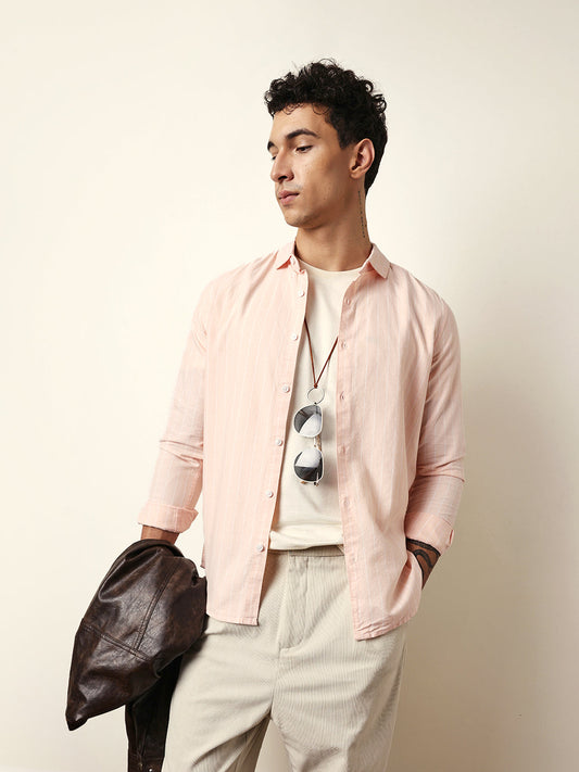 Peach Vertical Woven Stripe Slim Fit Casual Shirt