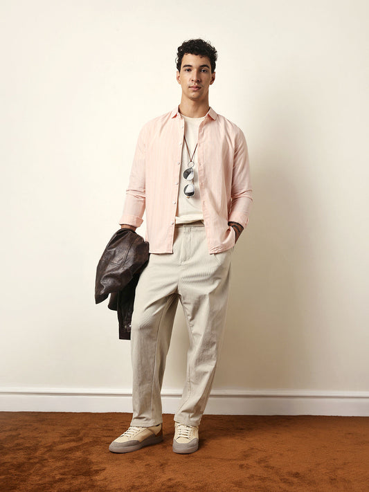 Peach Vertical Woven Stripe Slim Fit Casual Shirt