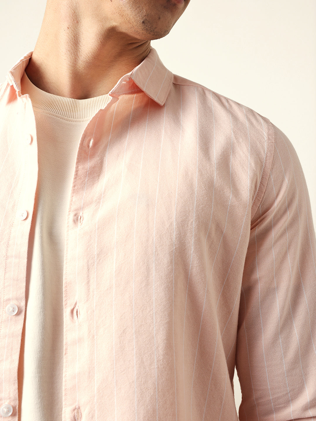 Peach Vertical Woven Stripe Slim Fit Casual Shirt