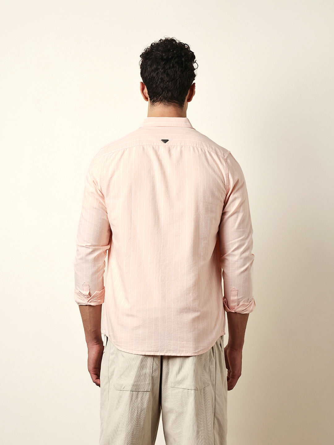 Peach Vertical Woven Stripe Slim Fit Casual Shirt
