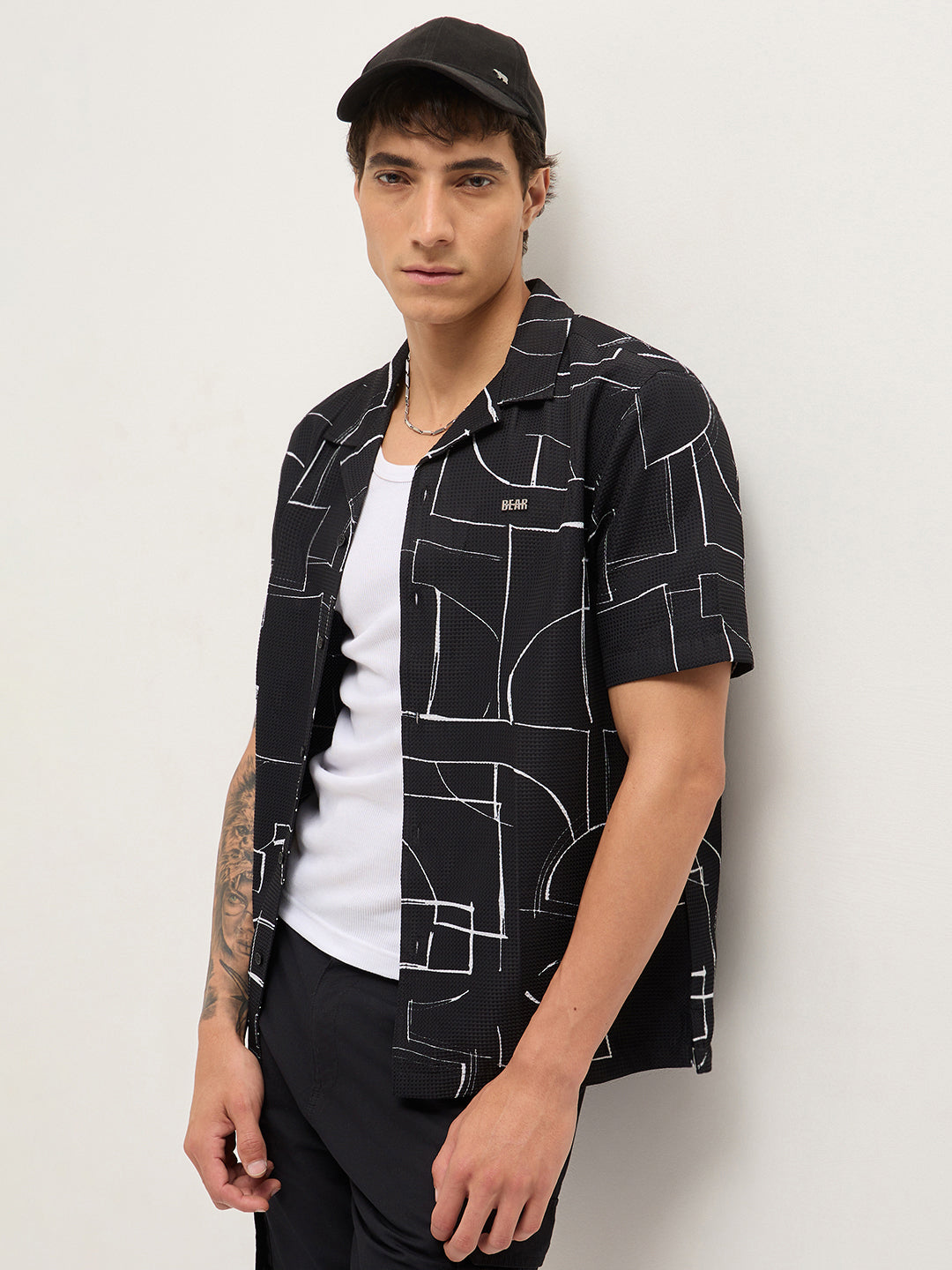 Black Abstract Geometric Print Relaxed Fit Cuban Collar Casual Shirt