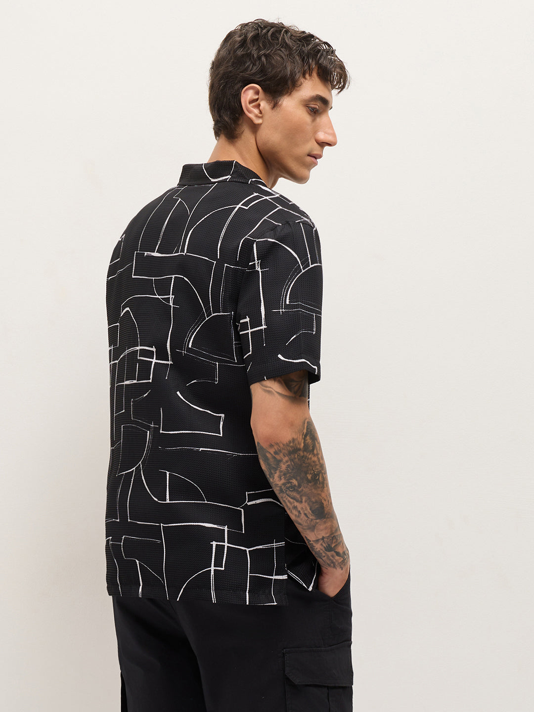 Black Abstract Geometric Print Relaxed Fit Cuban Collar Casual Shirt