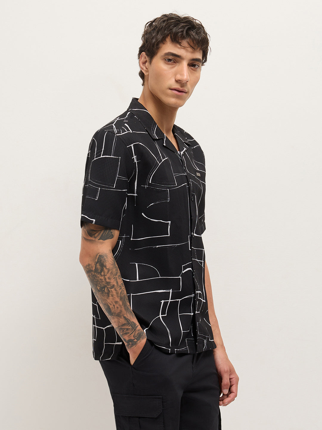 Black Abstract Geometric Print Relaxed Fit Cuban Collar Casual Shirt
