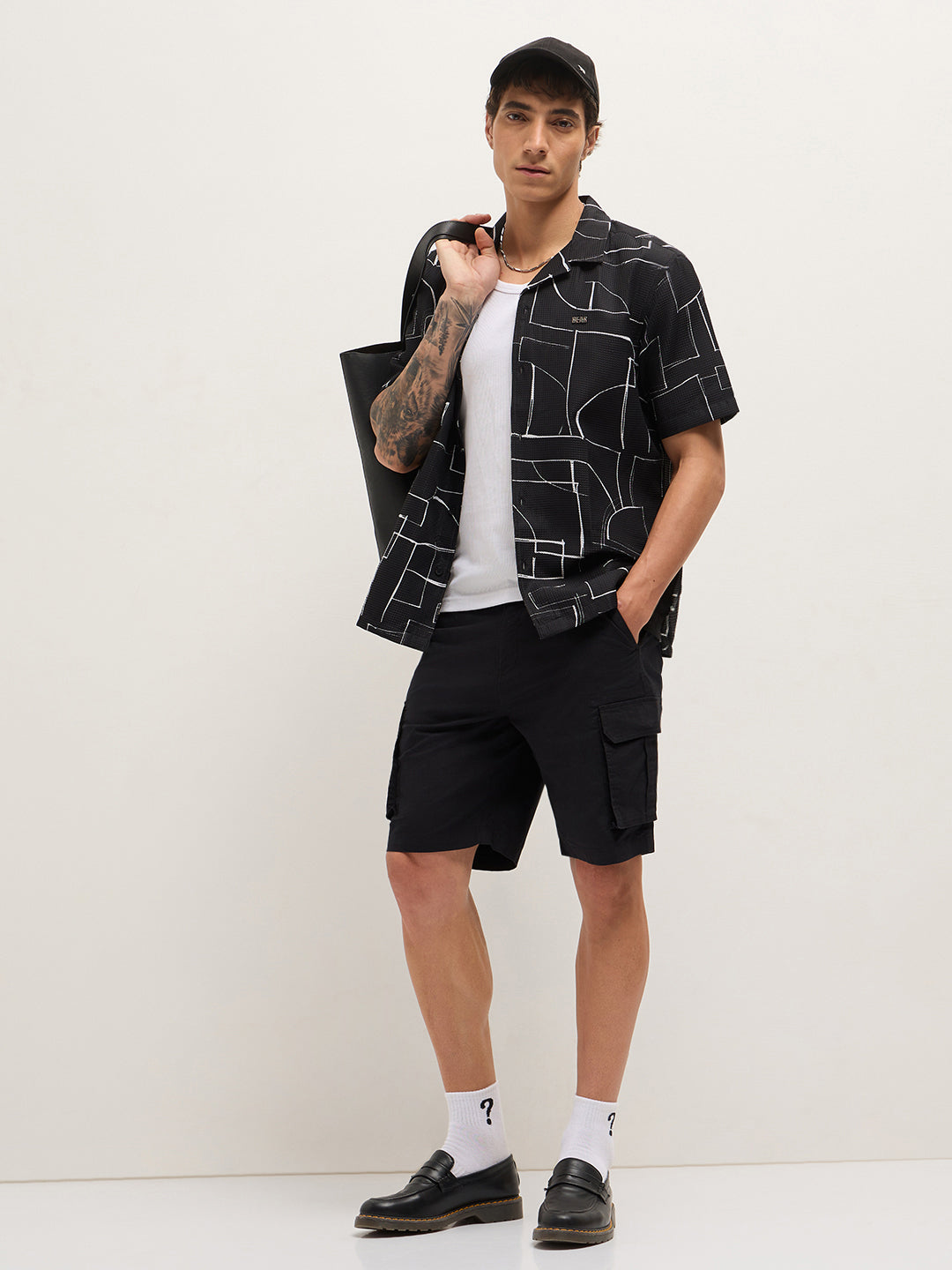 Black Abstract Geometric Print Relaxed Fit Cuban Collar Casual Shirt