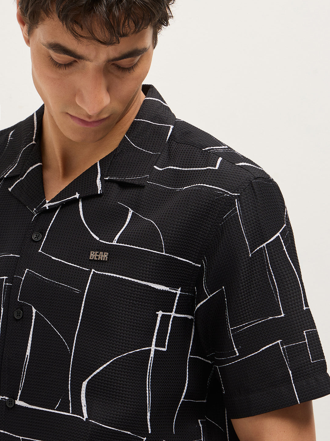 Black Abstract Geometric Print Relaxed Fit Cuban Collar Casual Shirt