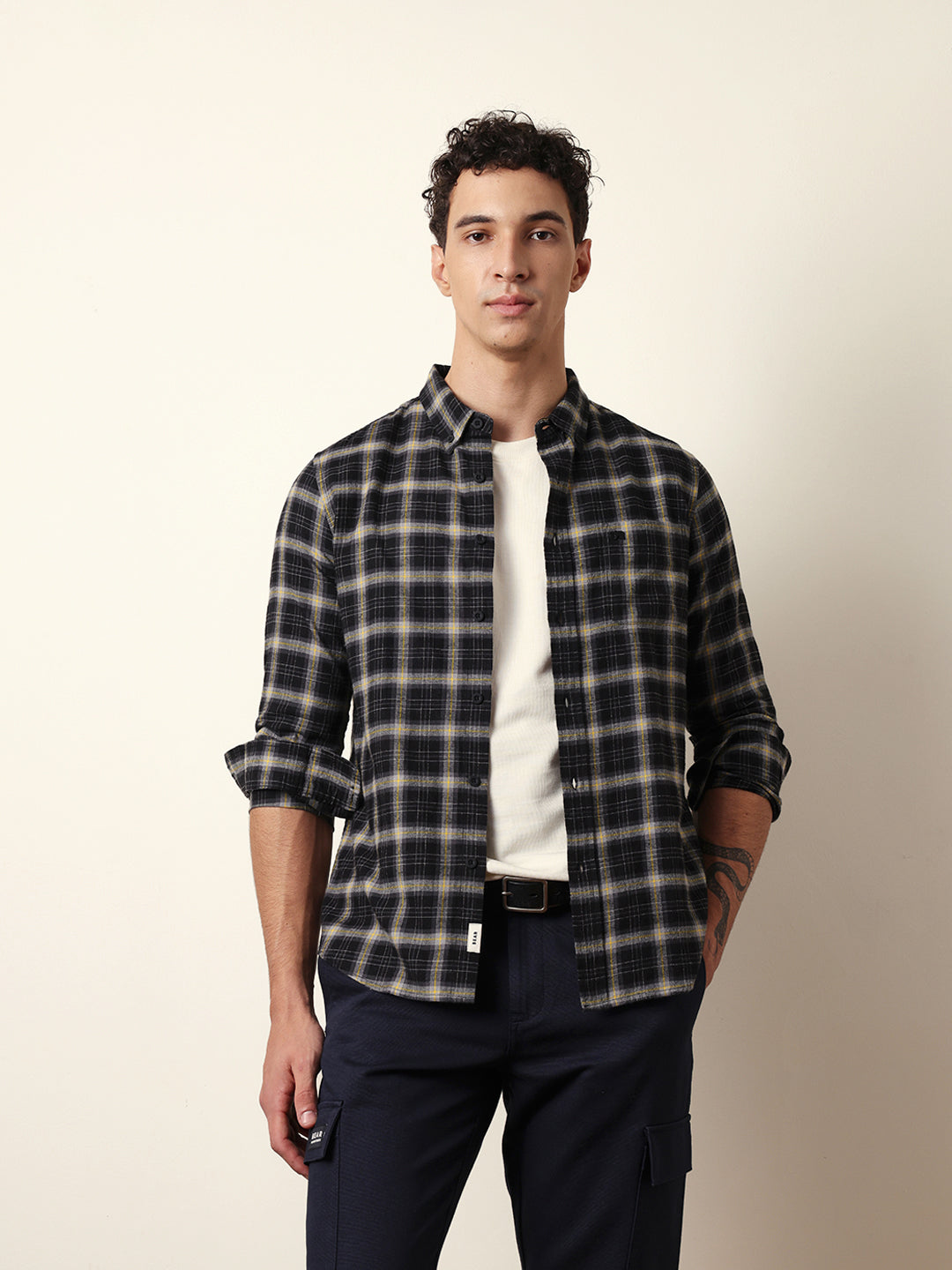 Black Flannel Woven Checked Slim Fit Casual Shirt
