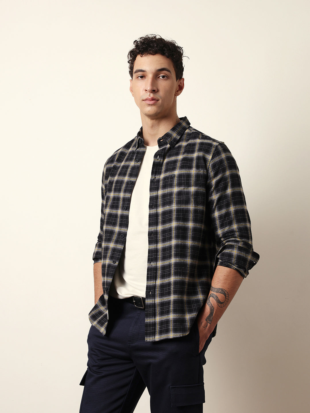 Black Flannel Woven Checked Slim Fit Casual Shirt