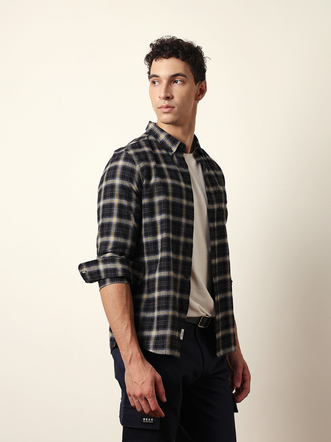Black Flannel Woven Checked Slim Fit Casual Shirt