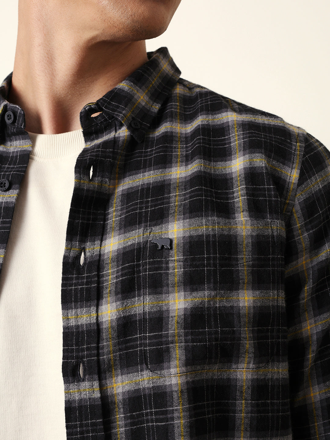 Black Flannel Woven Checked Slim Fit Casual Shirt