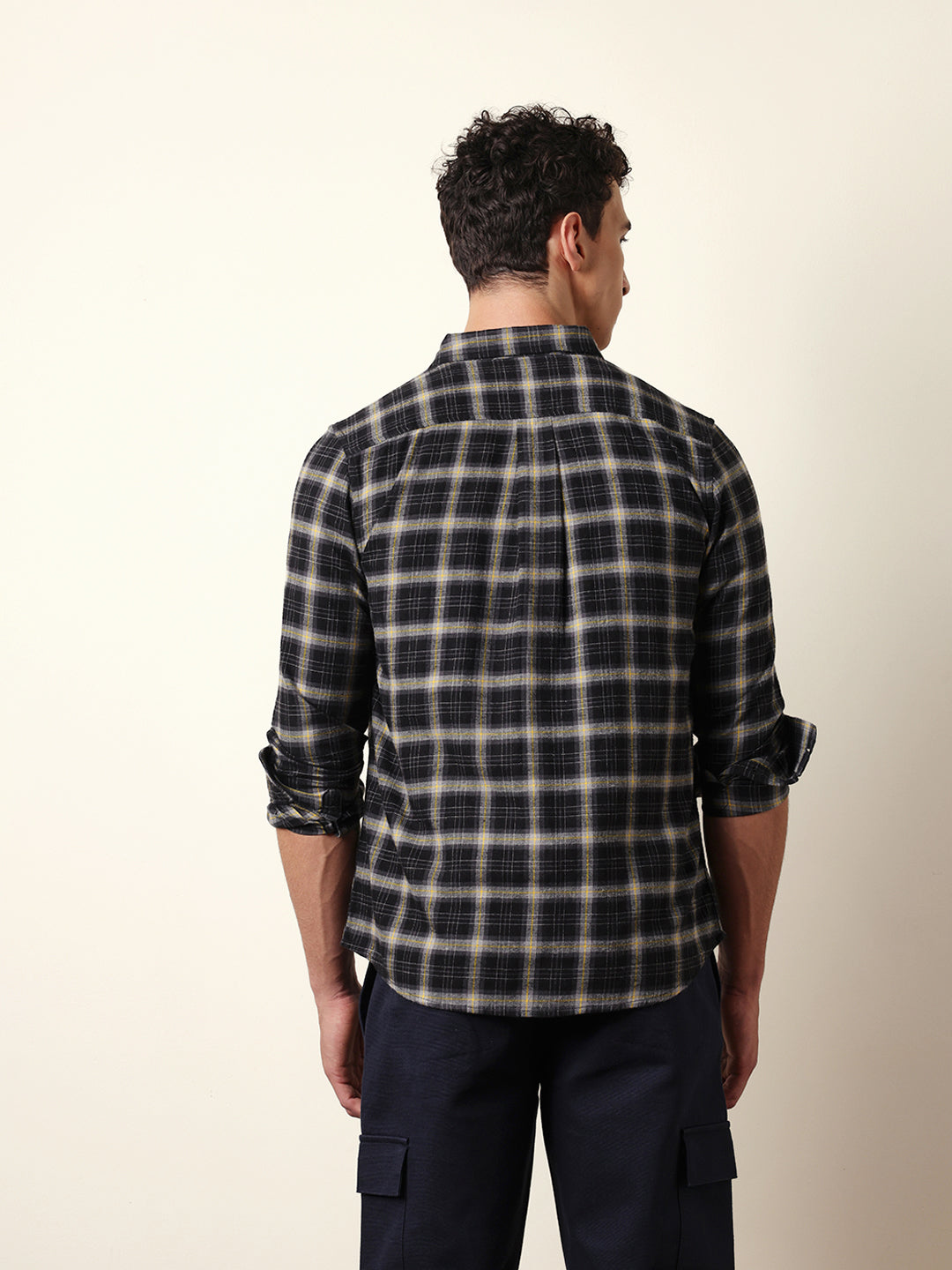Black Flannel Woven Checked Slim Fit Casual Shirt