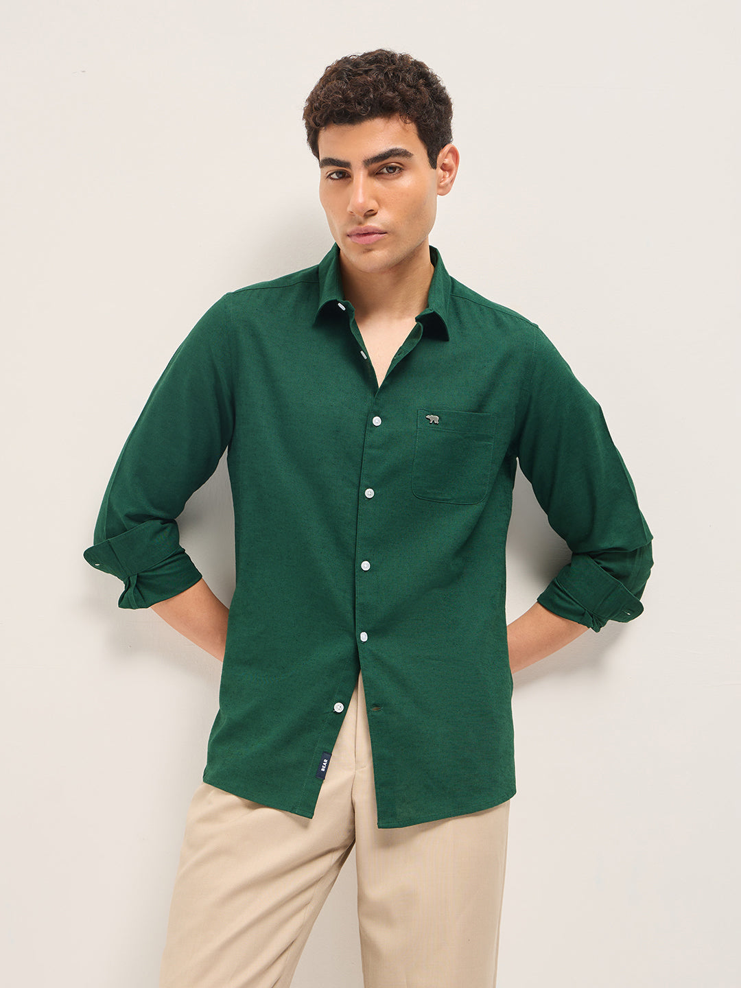 Green Cotton Linen Slim Fit Solid Casual Shirt