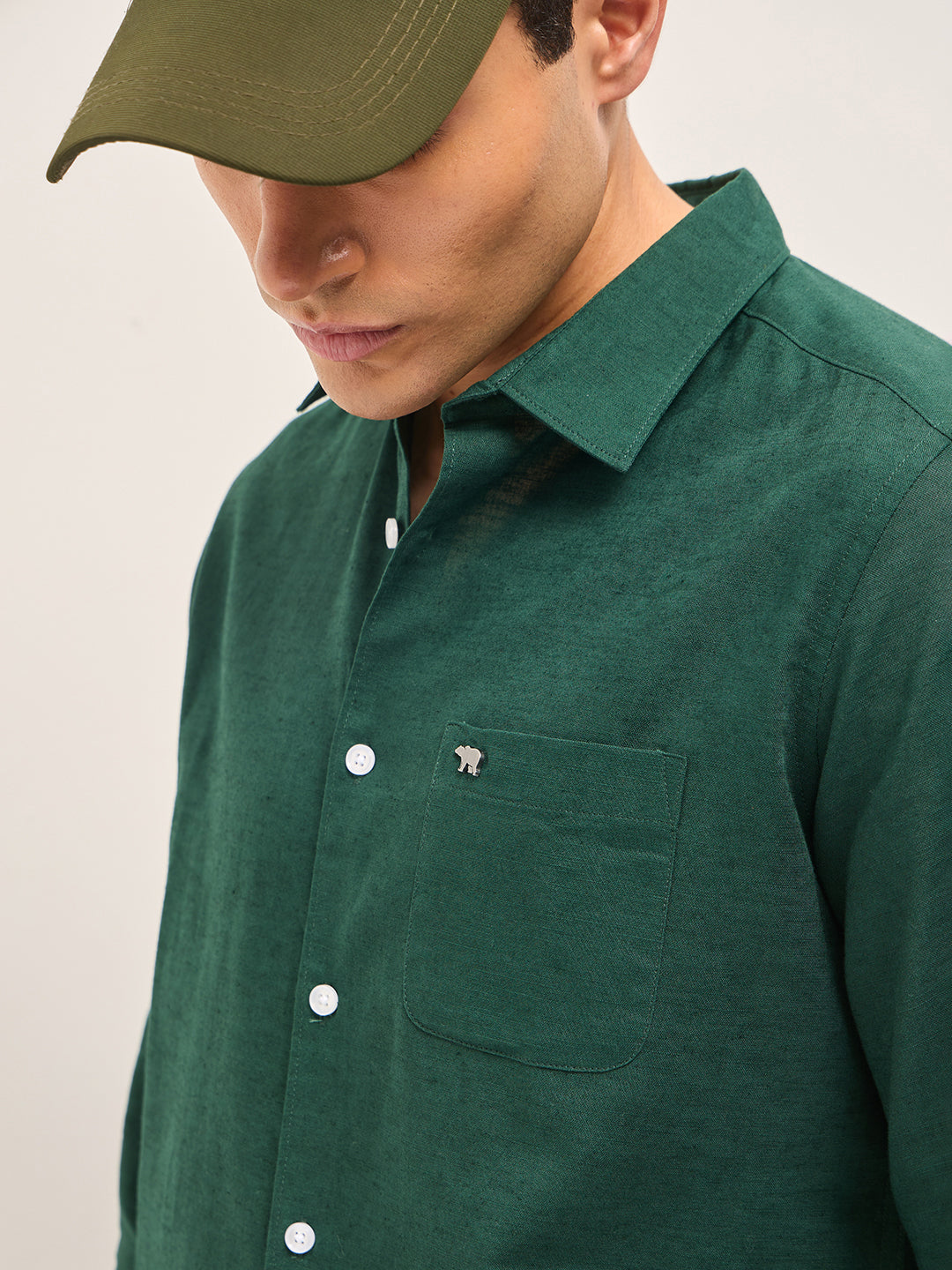 Green Cotton Linen Slim Fit Solid Casual Shirt