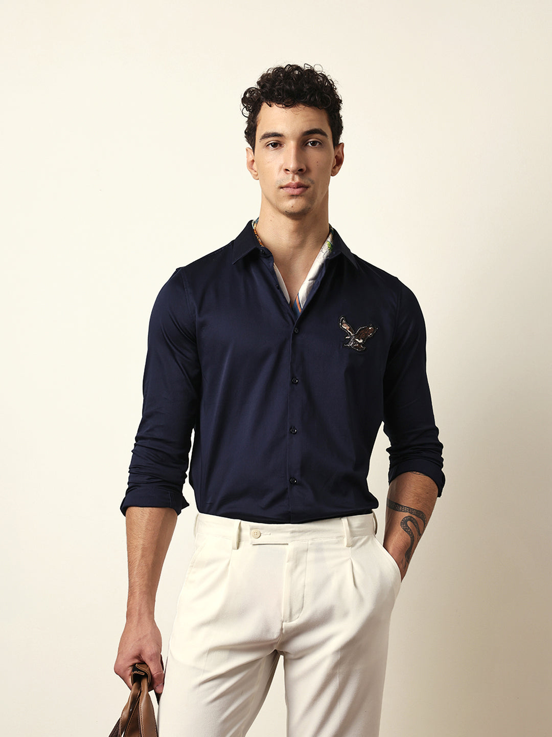 Navy Tailored Fit Bold Eagle Embroidery Formal Party Shirt