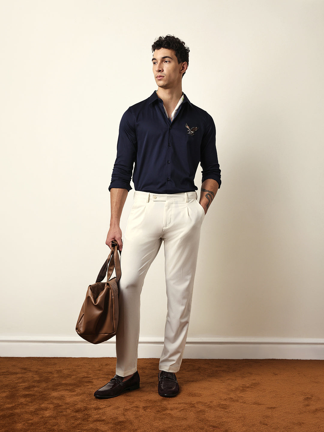 Navy Tailored Fit Bold Eagle Embroidery Formal Party Shirt