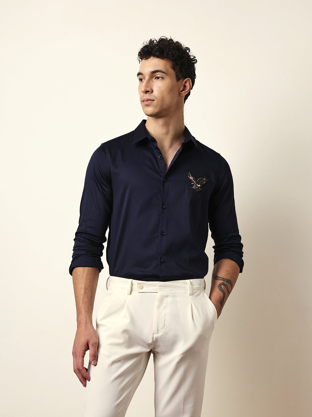 Navy Tailored Fit Bold Eagle Embroidery Formal Party Shirt