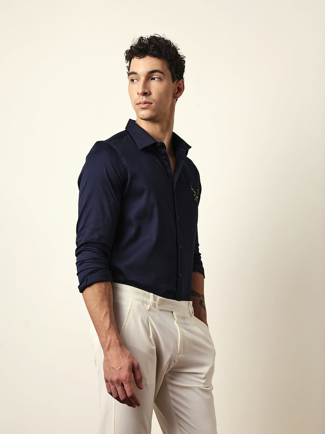 Navy Tailored Fit Bold Eagle Embroidery Formal Party Shirt