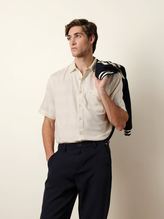Off-White Relaxed Fit Casual Half Sleeve Shirt with Textured Horizontal Stripes