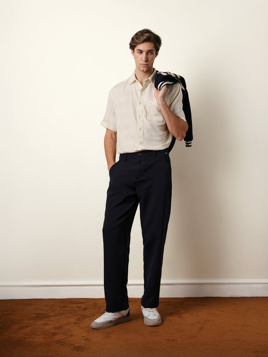 Off-White Relaxed Fit Casual Half Sleeve Shirt with Textured Horizontal Stripes