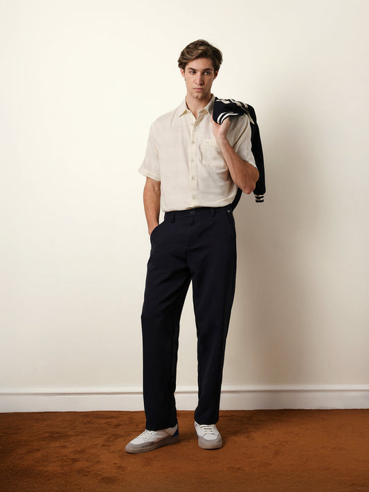Off-White Relaxed Fit Casual Half Sleeve Shirt with Textured Horizontal Stripes