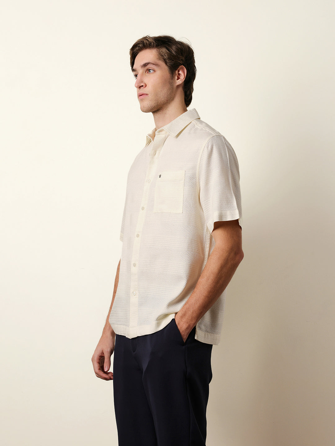 Off-White Relaxed Fit Casual Half Sleeve Shirt with Textured Horizontal Stripes