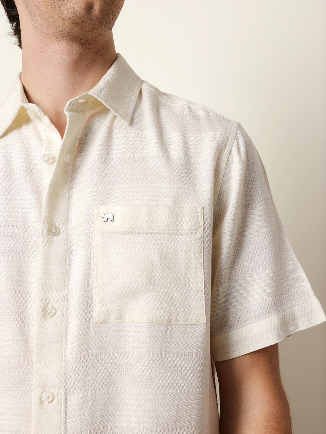 Off-White Relaxed Fit Casual Half Sleeve Shirt with Textured Horizontal Stripes