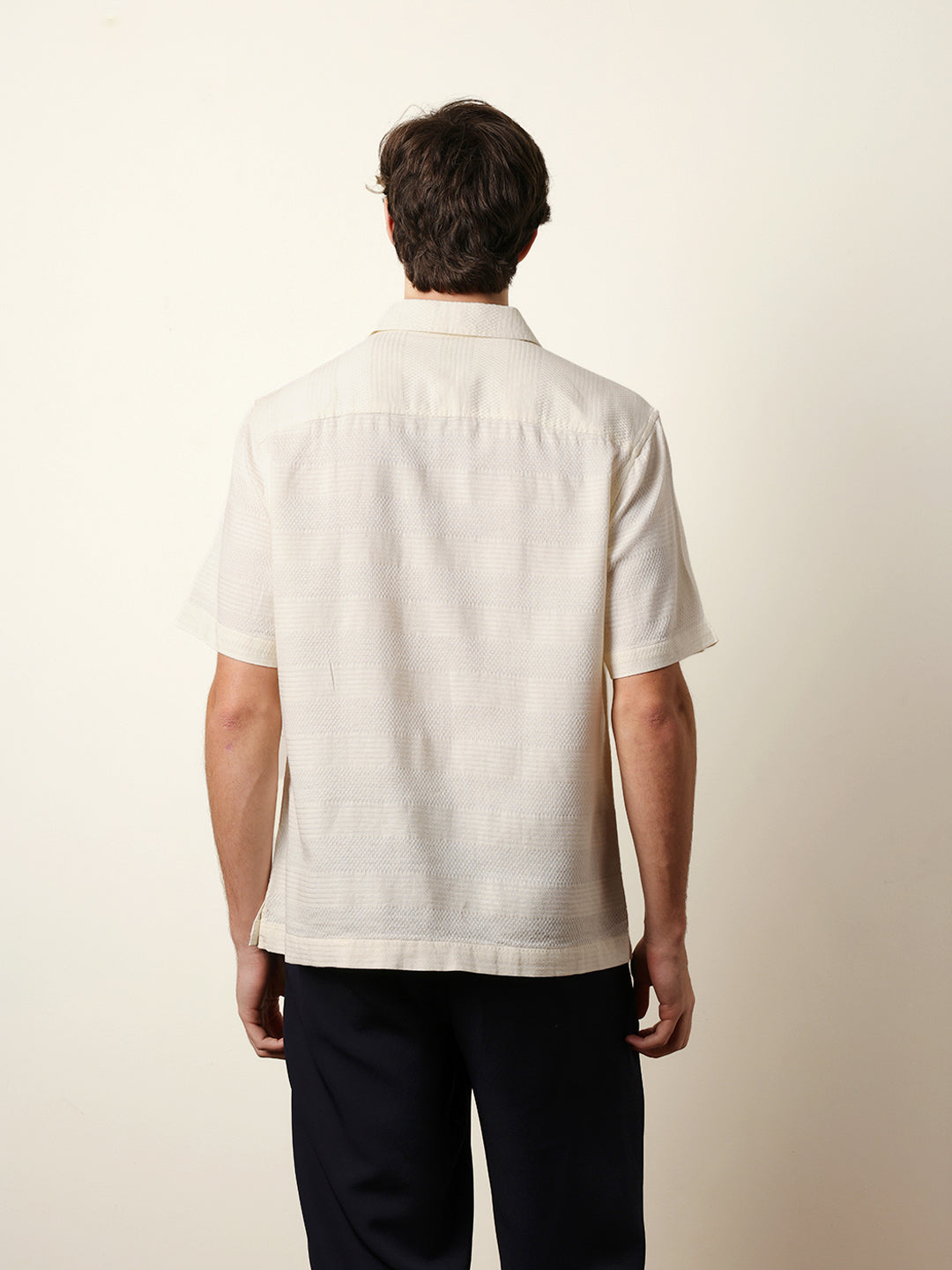 Off-White Relaxed Fit Casual Half Sleeve Shirt with Textured Horizontal Stripes