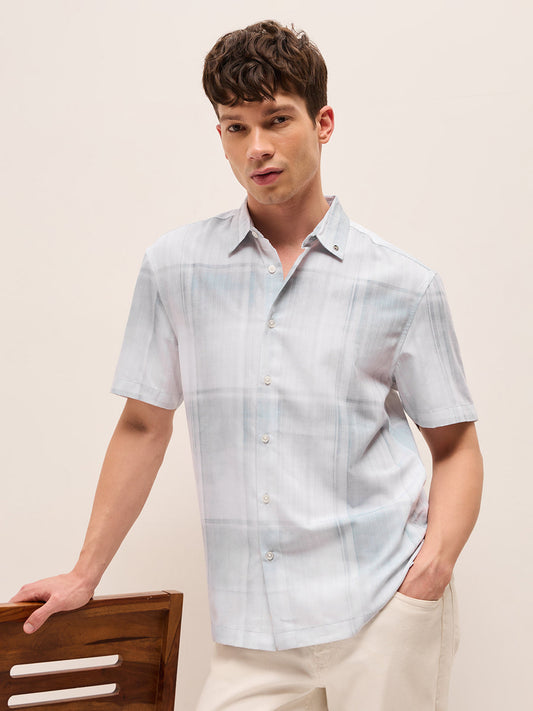 Blue & White Geometric Check Print Relaxed Fit Casual Shirt