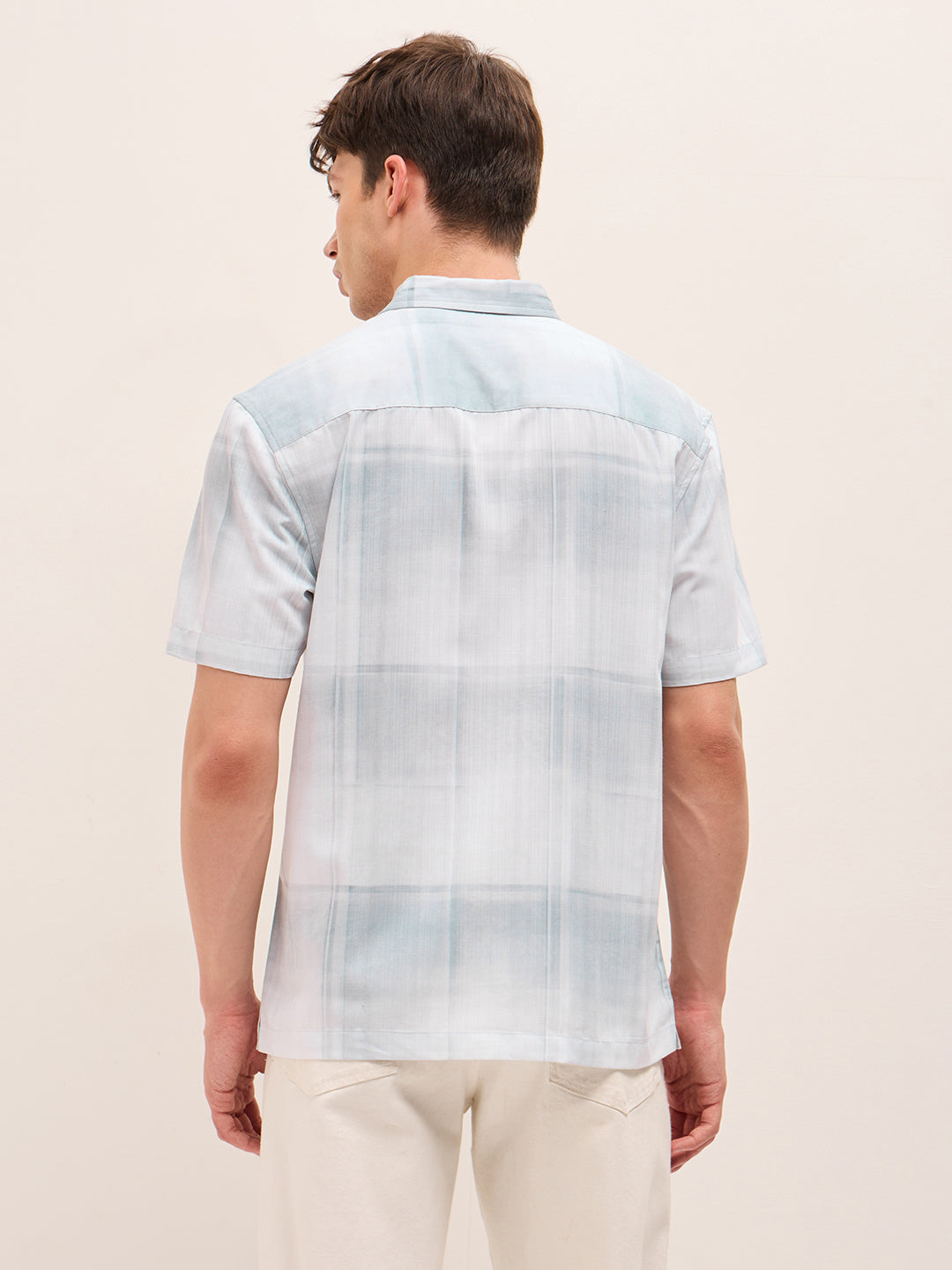 Blue & White Geometric Check Print Relaxed Fit Casual Shirt