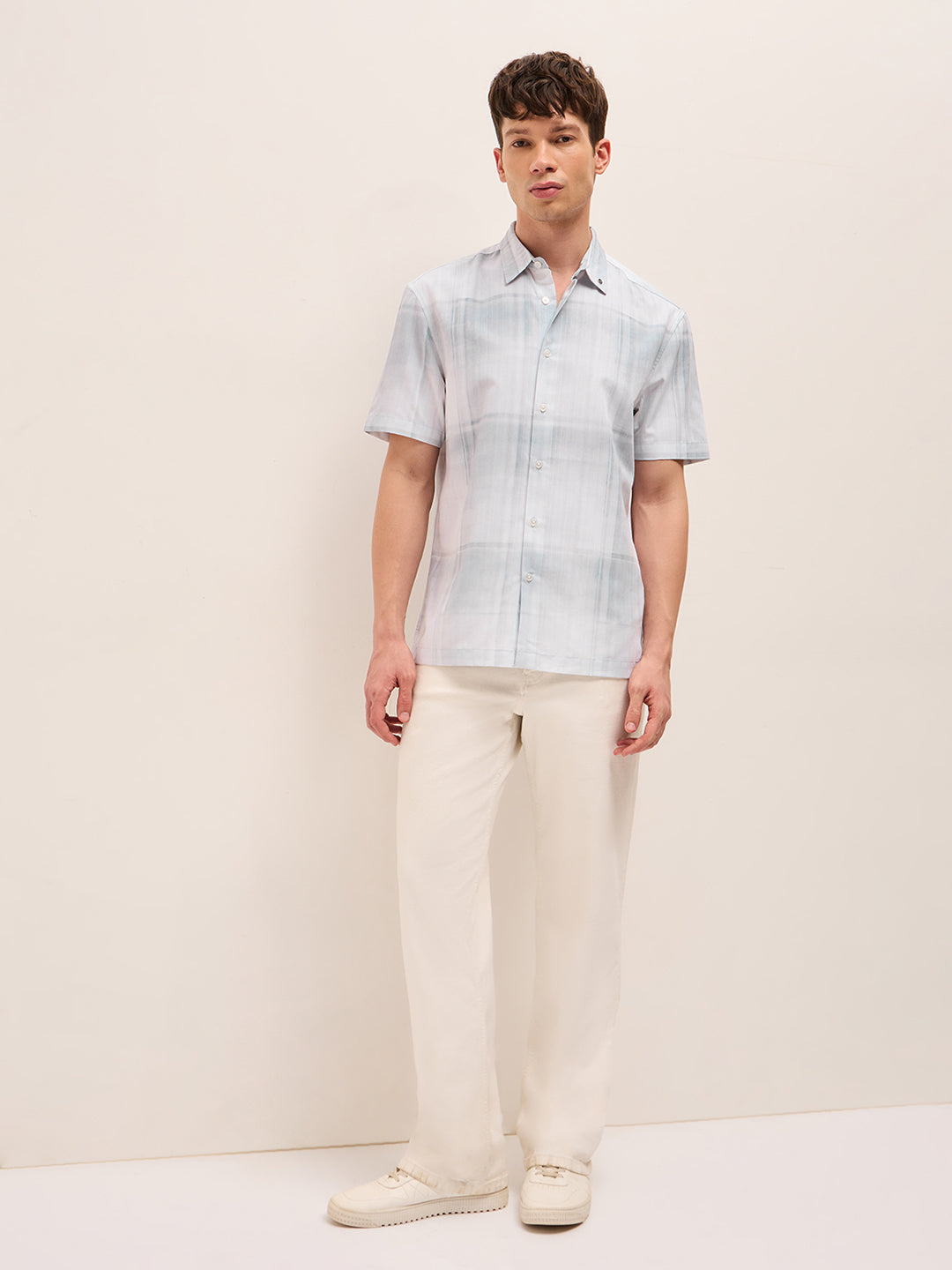 Blue & White Geometric Check Print Relaxed Fit Casual Shirt