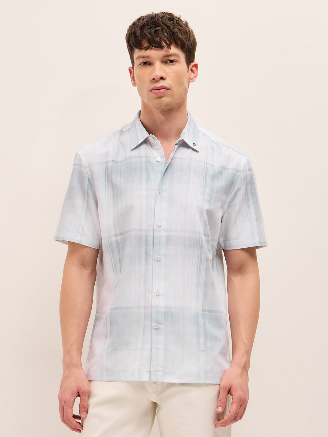 Blue & White Geometric Check Print Relaxed Fit Casual Shirt