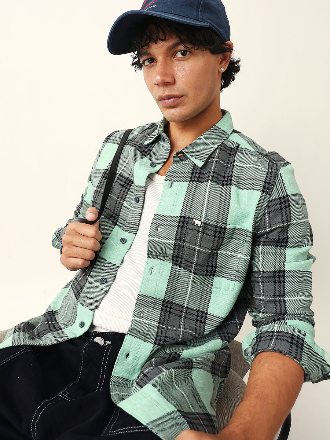 Sage Green & Black Flannel Checked Slim Fit Woven Casual Shirt