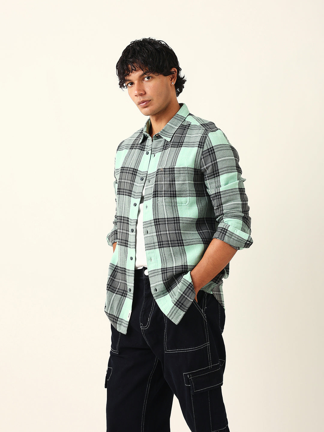 Sage Green & Black Flannel Checked Slim Fit Woven Casual Shirt