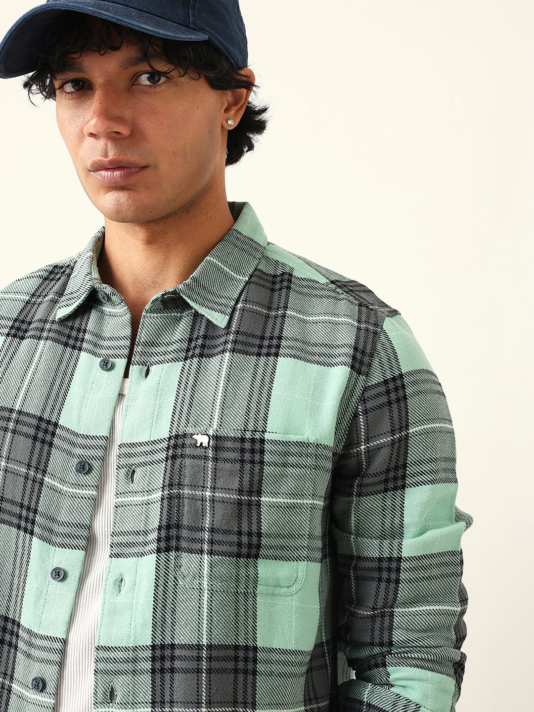 Sage Green & Black Flannel Checked Slim Fit Woven Casual Shirt