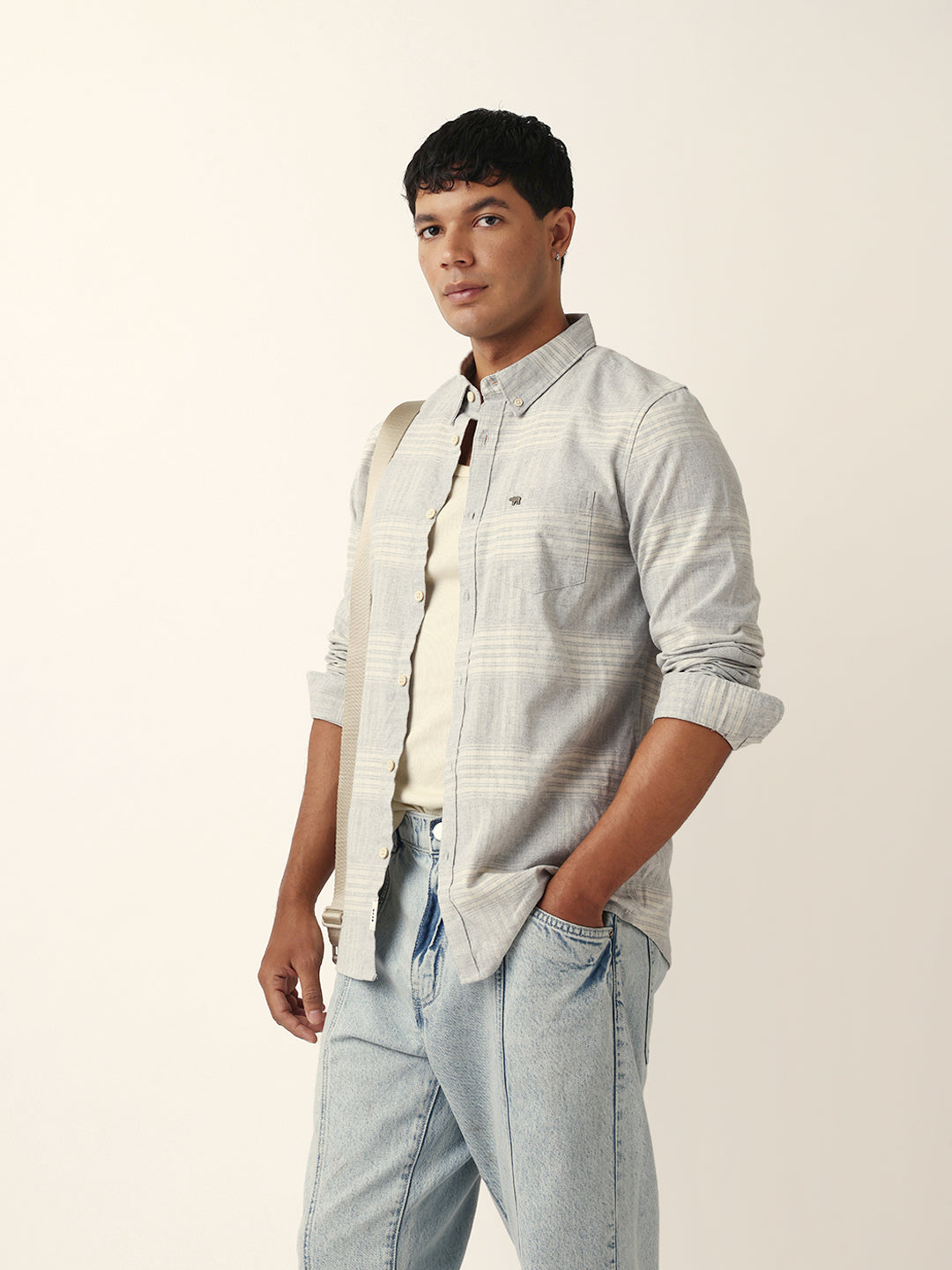 Grey Checked Woven Slim Fit Casual Shirt
