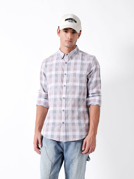 Purple Woven Check Slim Fit Casual Shirt