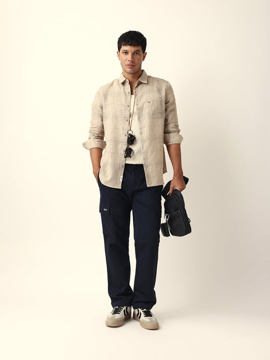 Beige Woven Checked Slim Fit Casual Shirt