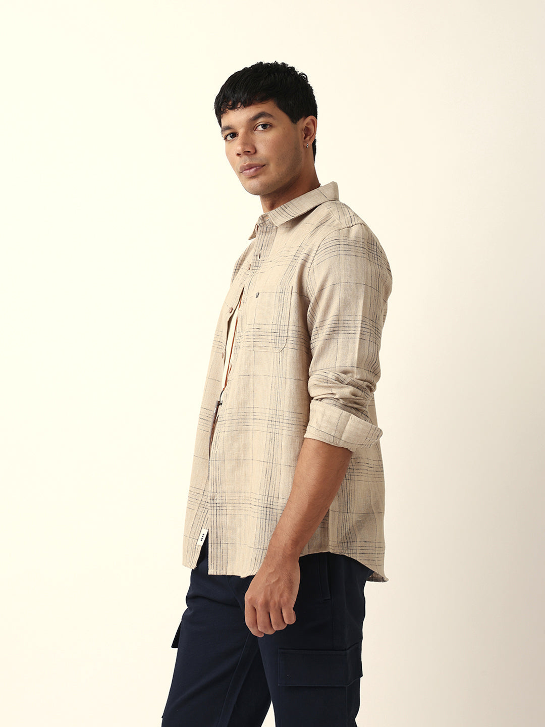 Beige Woven Checked Slim Fit Casual Shirt