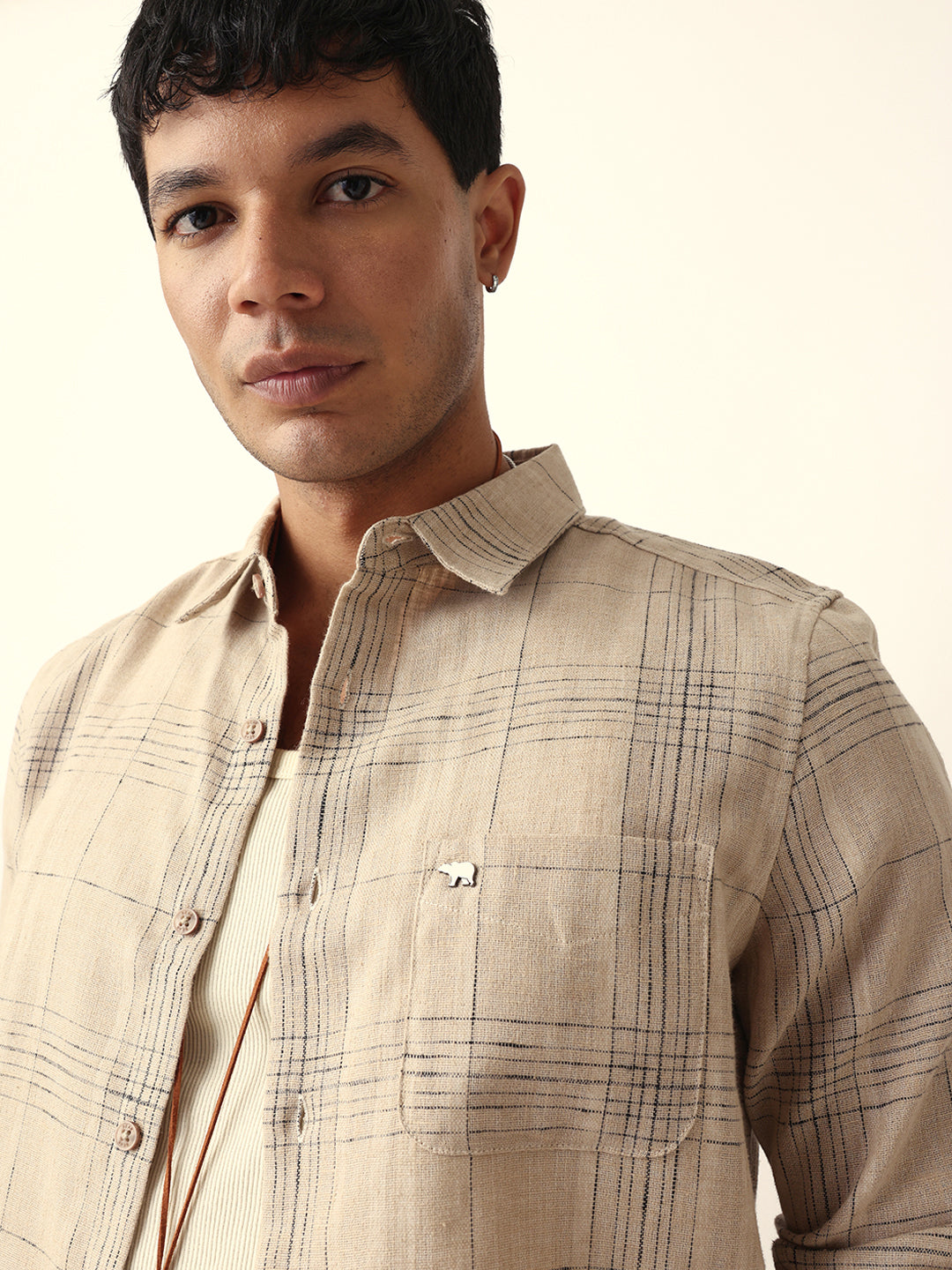 Beige Woven Checked Slim Fit Casual Shirt