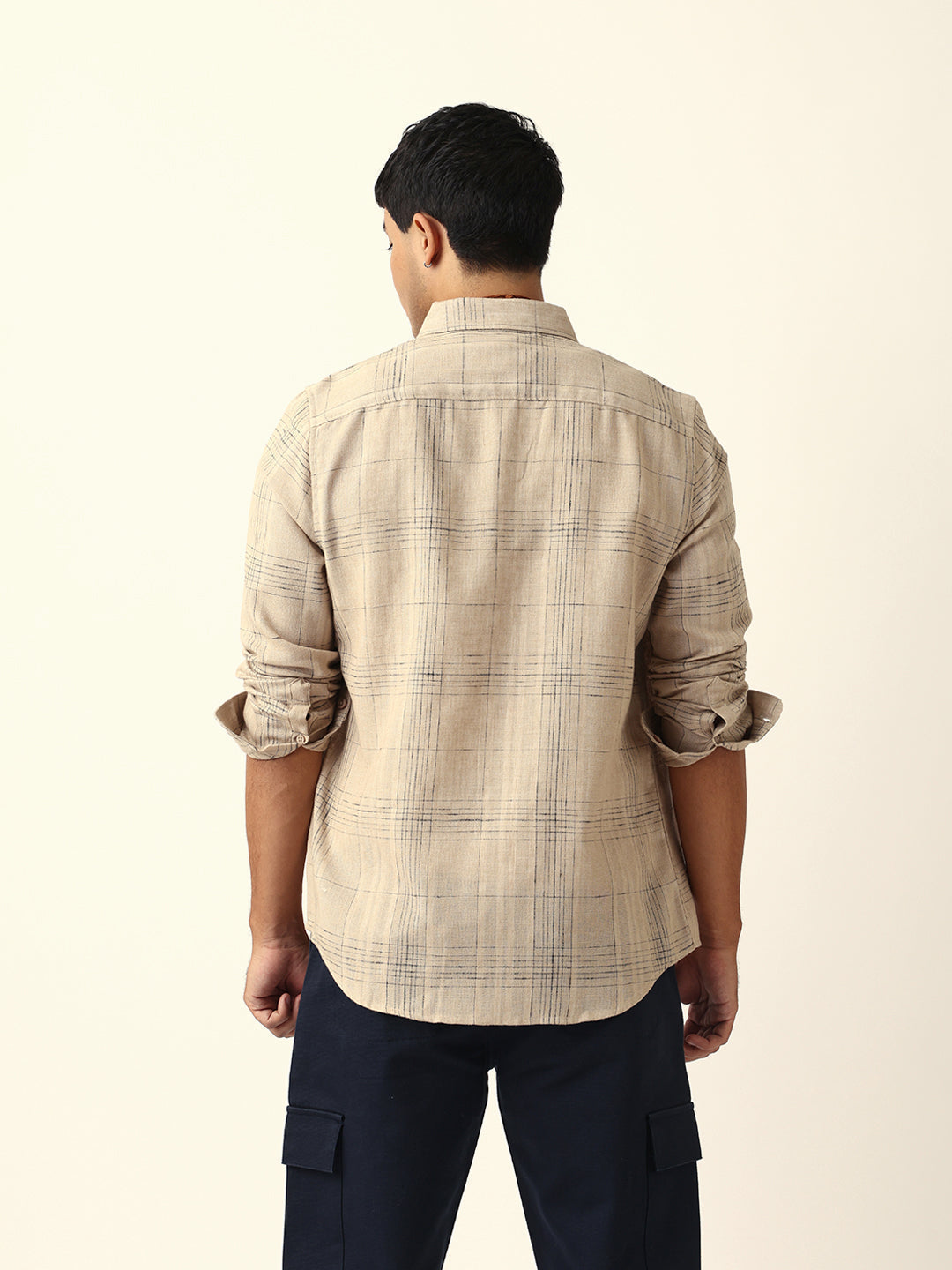 Beige Woven Checked Slim Fit Casual Shirt