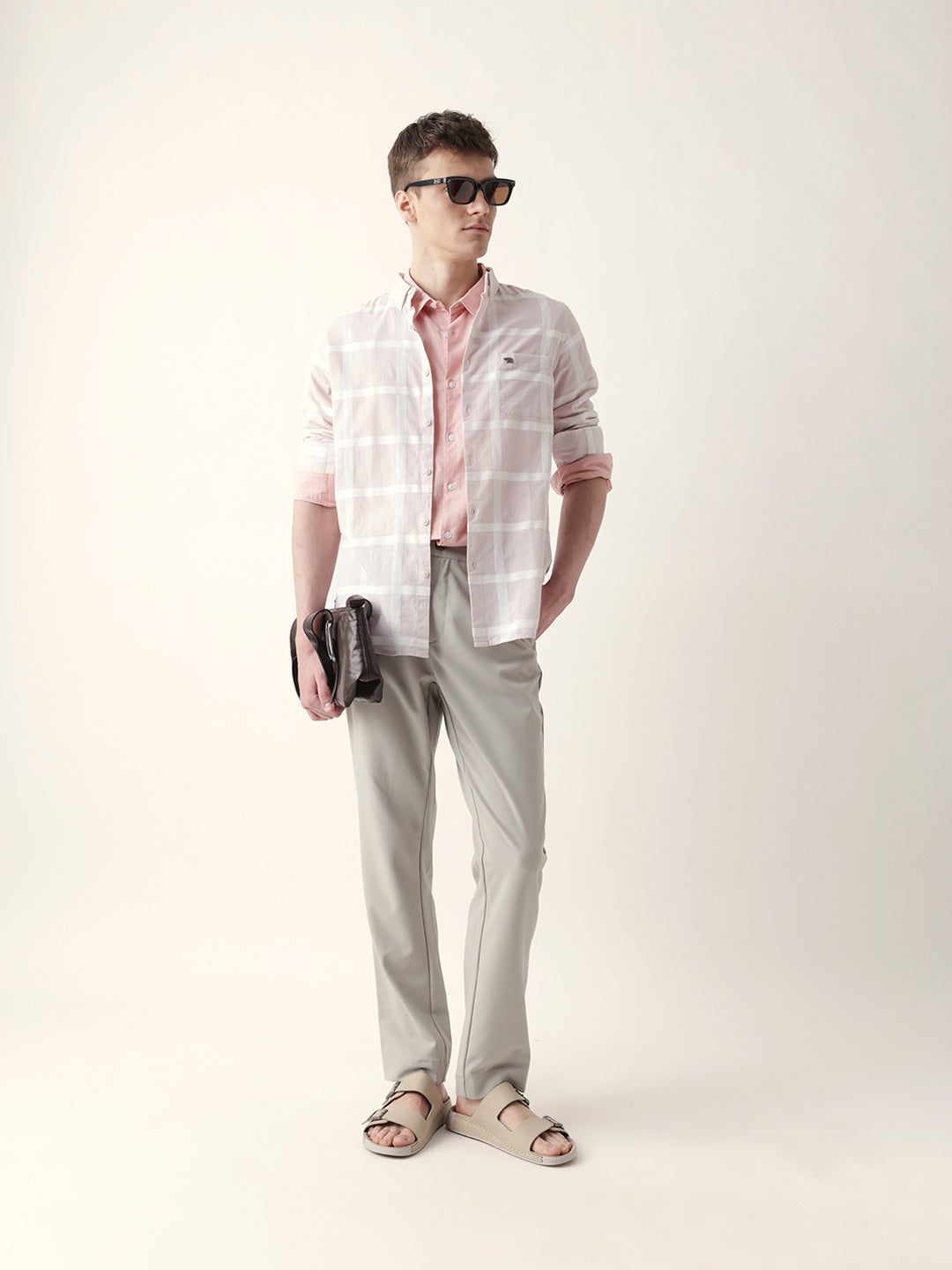 Light Pink Woven Windowpane Check Slim Fit Casual Shirt