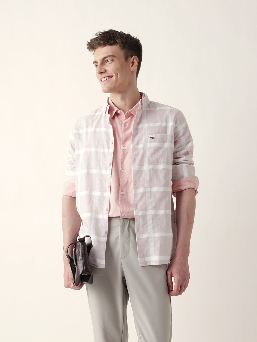 Light Pink Woven Windowpane Check Slim Fit Casual Shirt