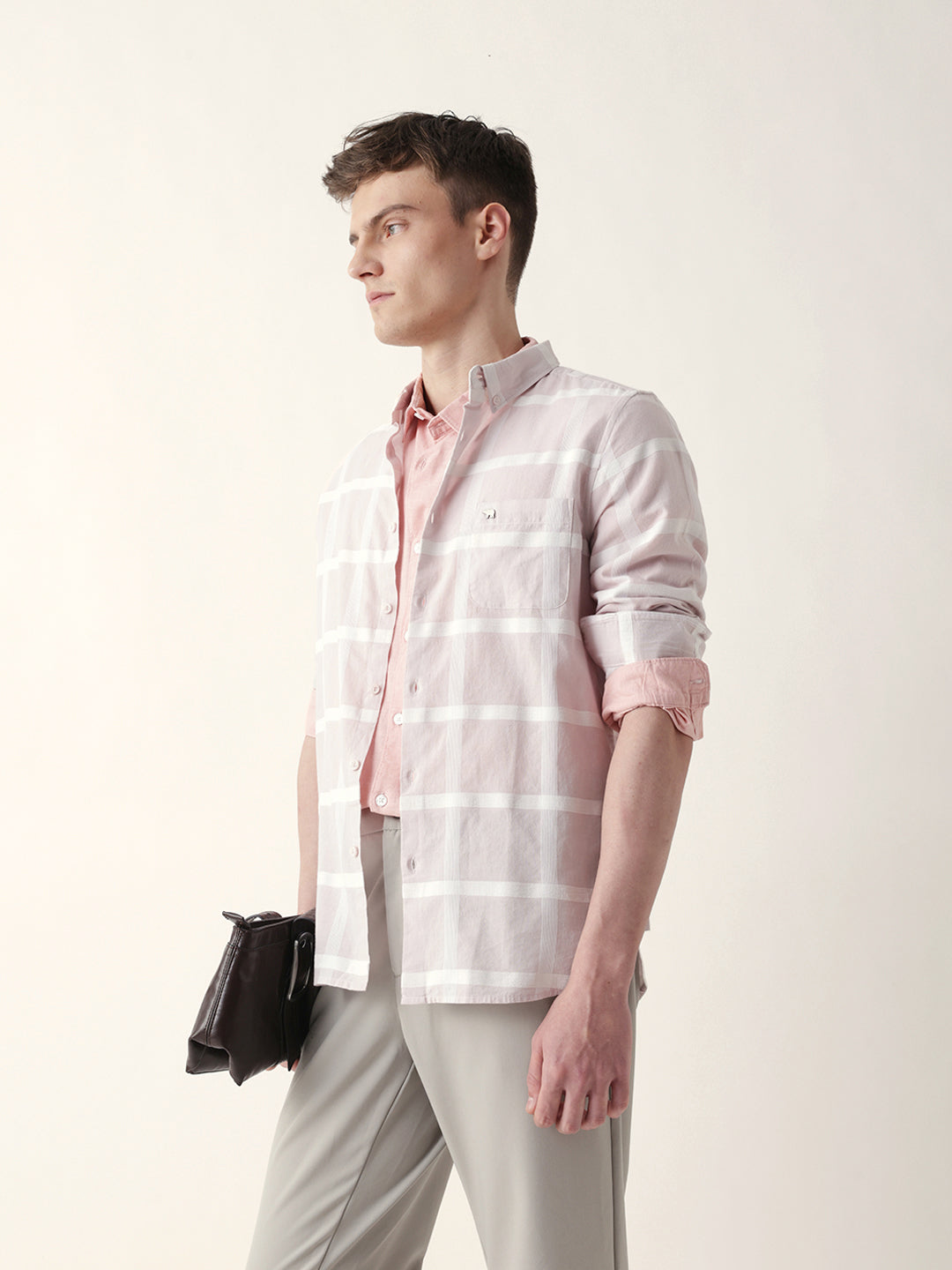 Light Pink Woven Windowpane Check Slim Fit Casual Shirt