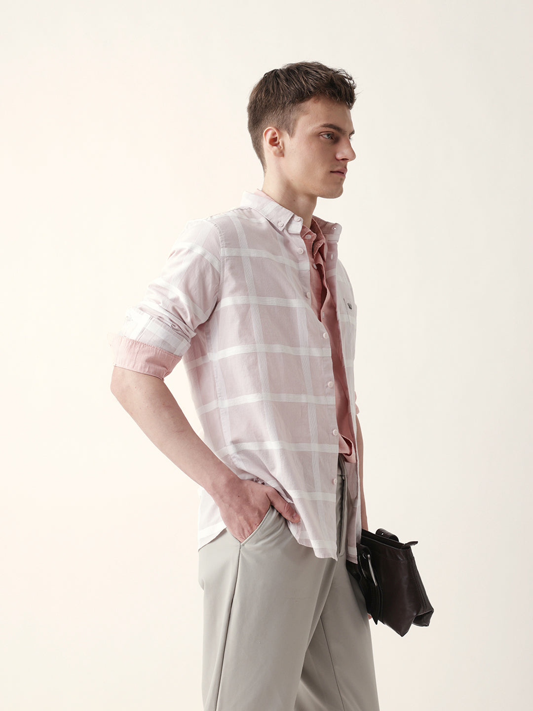 Light Pink Woven Windowpane Check Slim Fit Casual Shirt