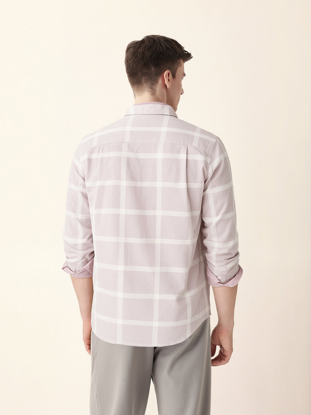 Light Pink Woven Windowpane Check Slim Fit Casual Shirt