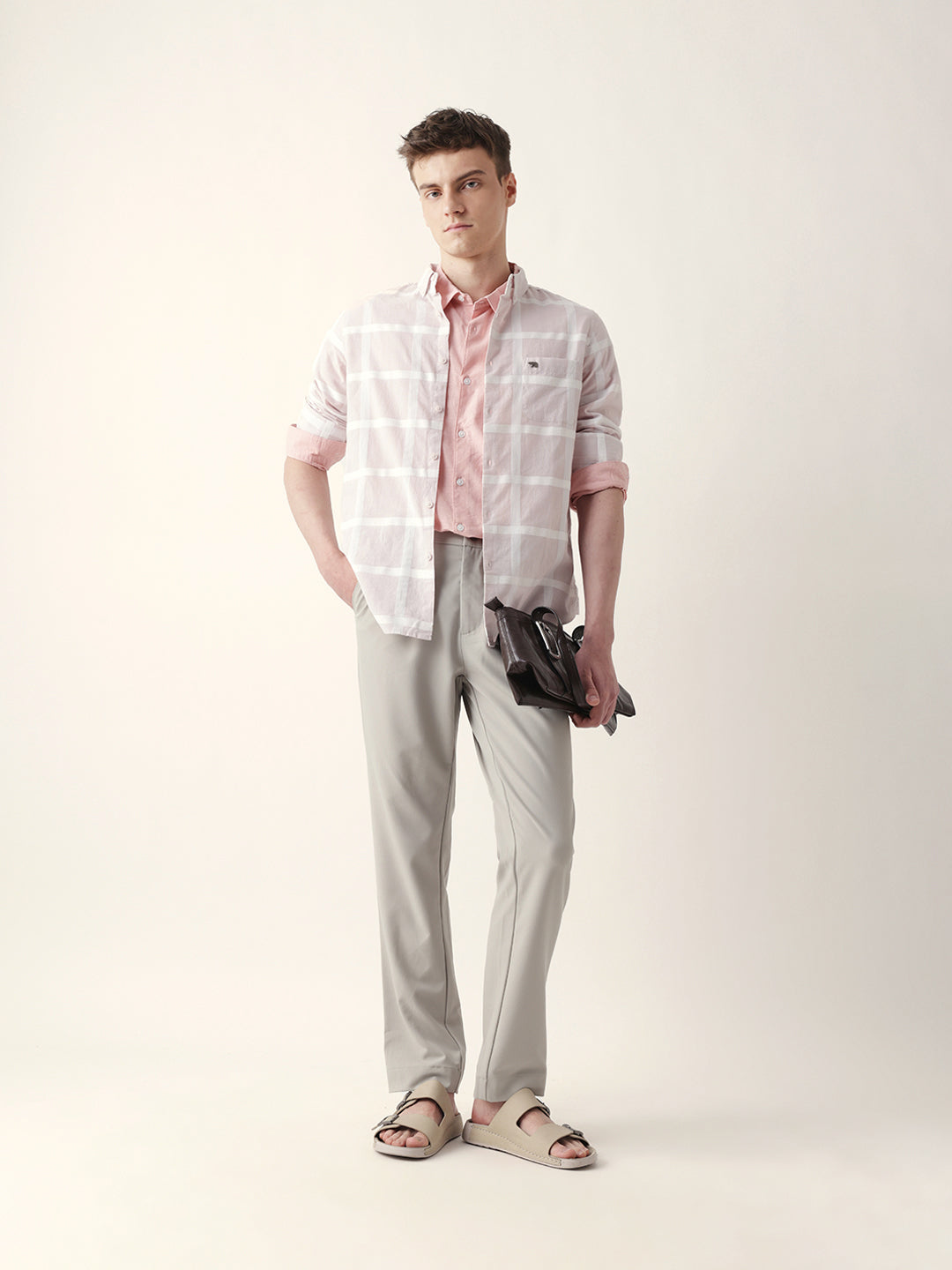 Light Pink Woven Windowpane Check Slim Fit Casual Shirt