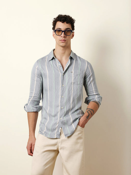 Grey Vertical Woven Stripe Slim Fit Casual Shirt