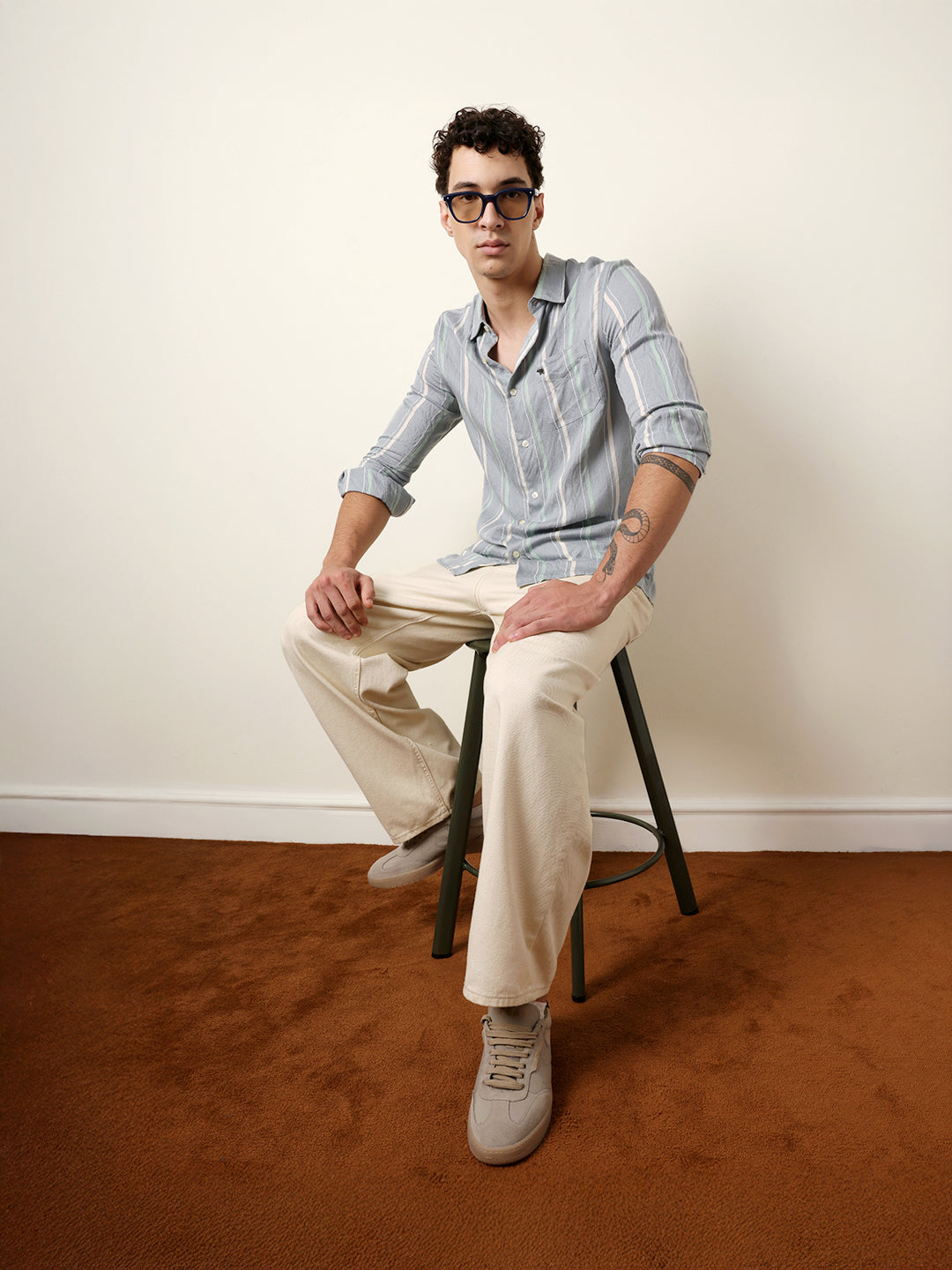 Grey Vertical Woven Stripe Slim Fit Casual Shirt