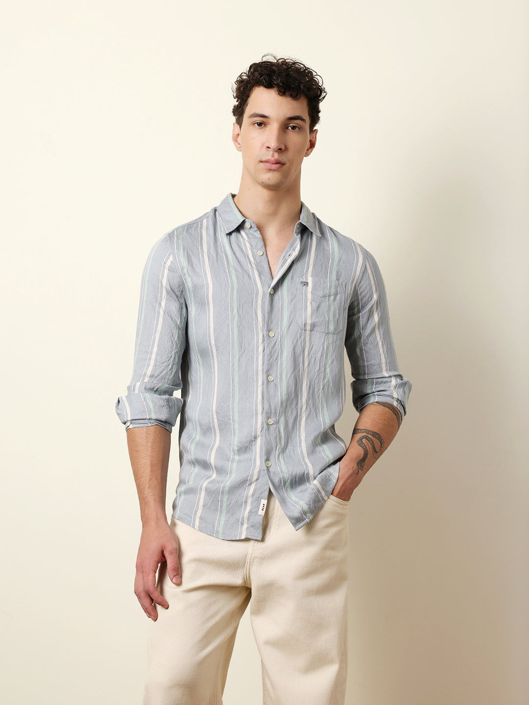 Grey Vertical Woven Stripe Slim Fit Casual Shirt